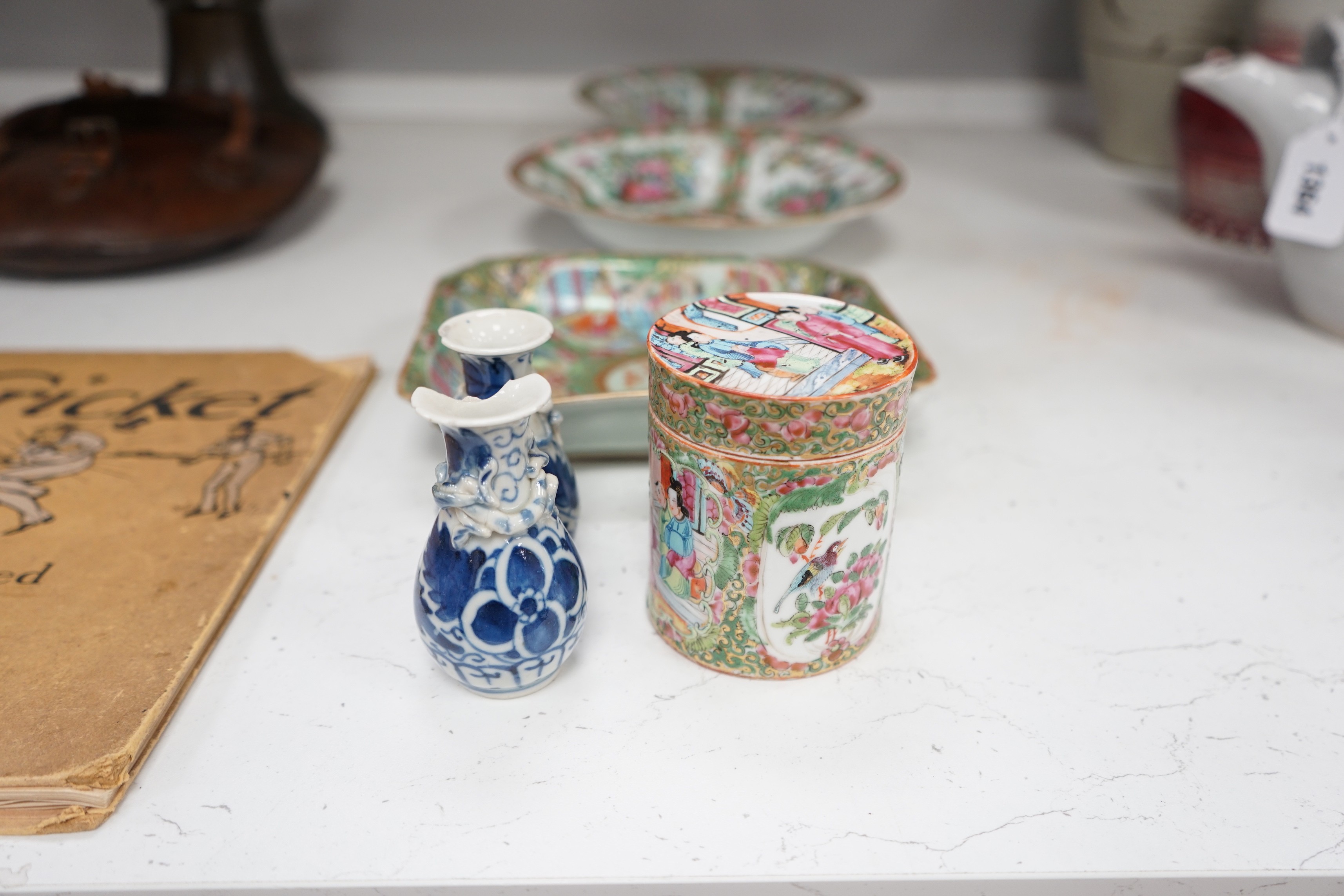 A group of 19th century Chinese famille rose - two plates, a square dish and a box and cover and two blue and white small vases